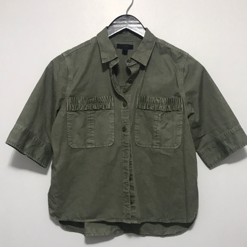 J. Crew Boy Meets Girl Utility Ruffle Pocket Army Green Short Sleeve Shirt